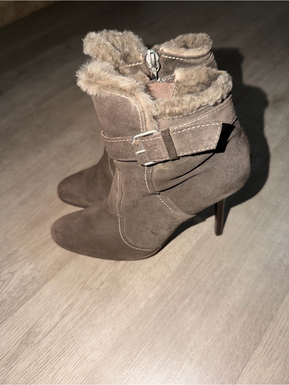 Pollini Taupe Suede Faux-Fur Ankle Boots